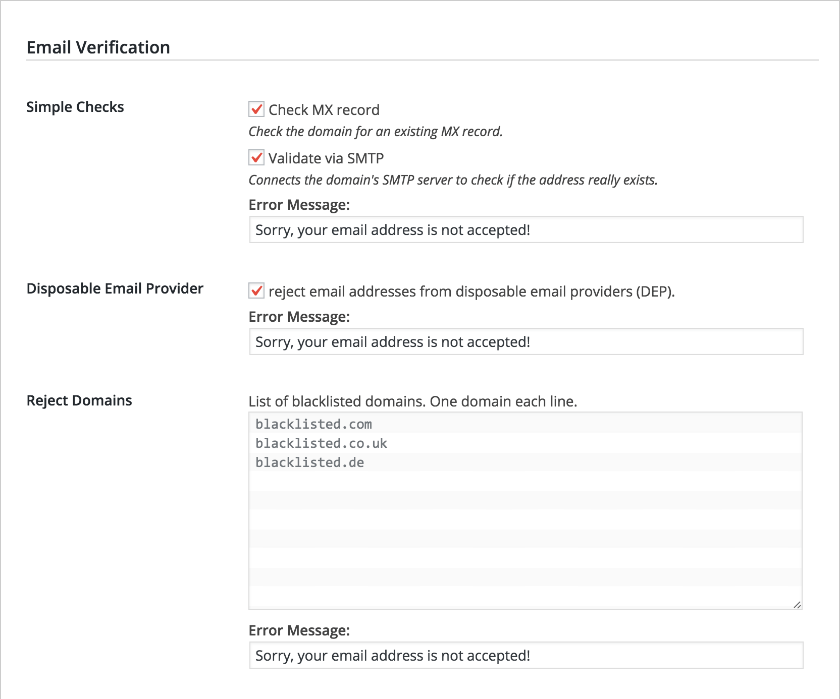 simple email verify settings tab